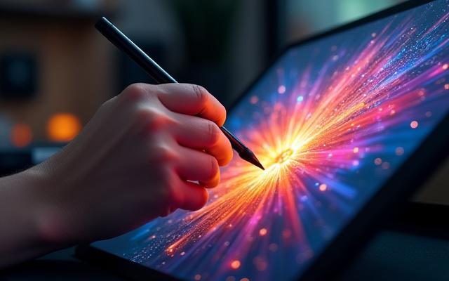 Artist na gumagamit ng graphics tablet upang gumuhit ng makulay na digital artwork